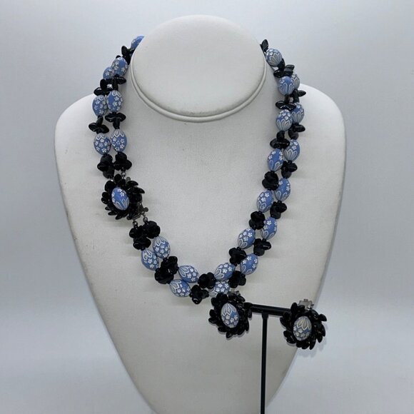 West Germany Jewelry - Vintage West Germany Blue & Black Easter Egg Bead Necklace Box Clasp Clip-On